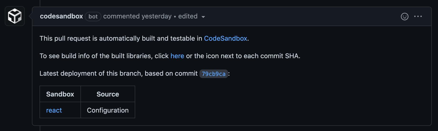 CodeSandbox comment on pull request